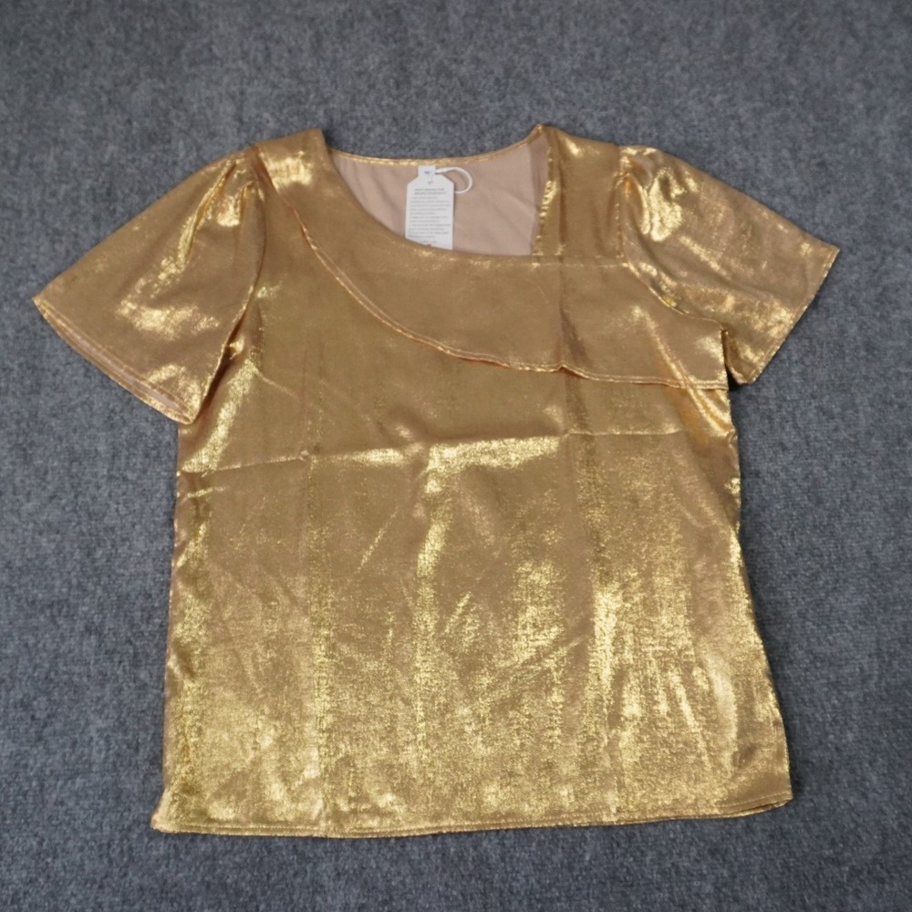 Metallic Gold Short-Sleeve Blouse with Subtle Ruffle Detail